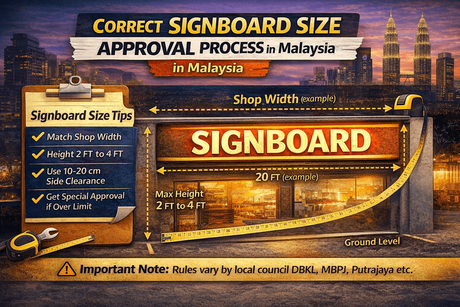 Correct signboard size guidelines Malaysia shop lot width height and safe placement diagram for approval compliance