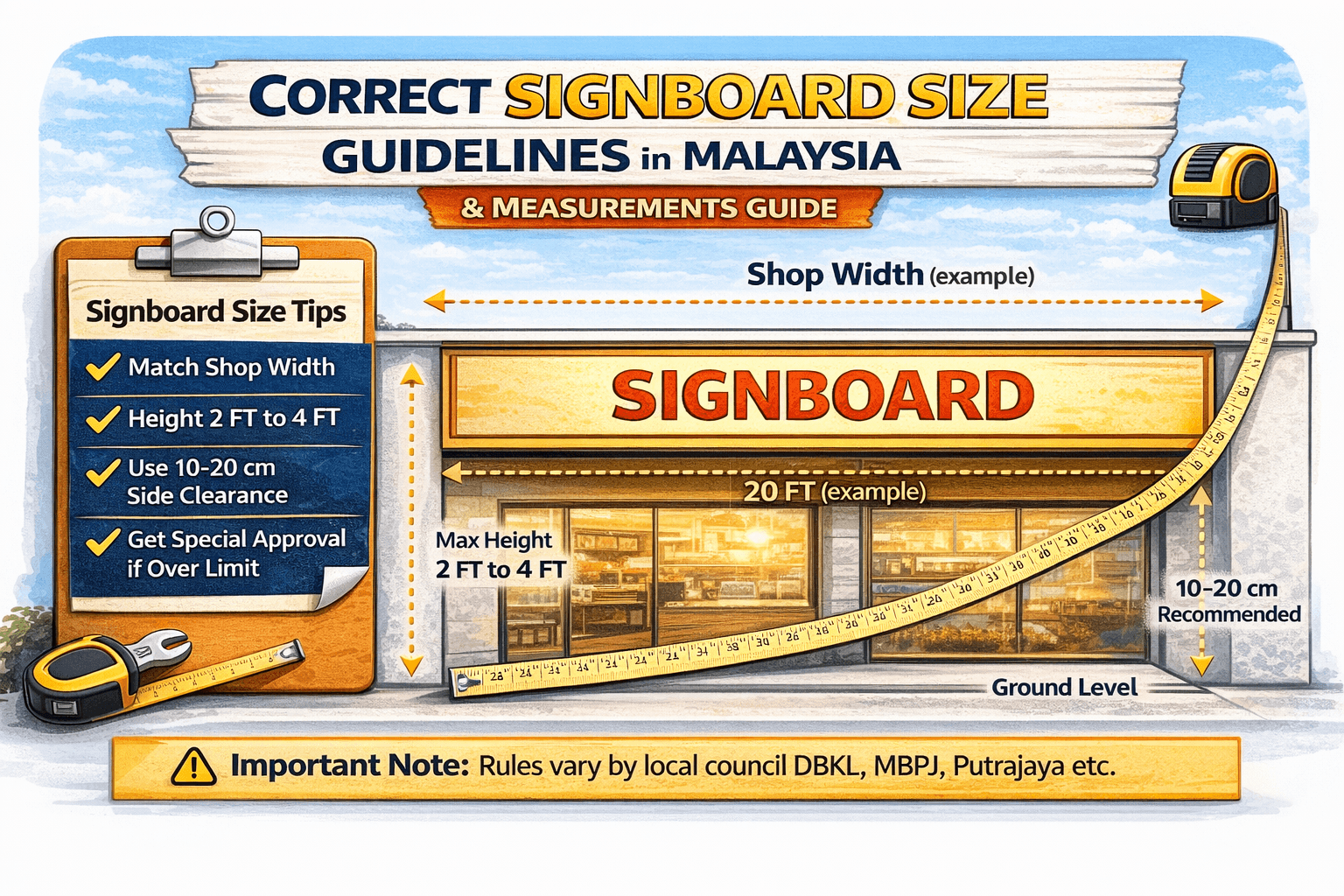 Correct signboard size guidelines Malaysia shop lot width height and safe placement diagram for approval compliance