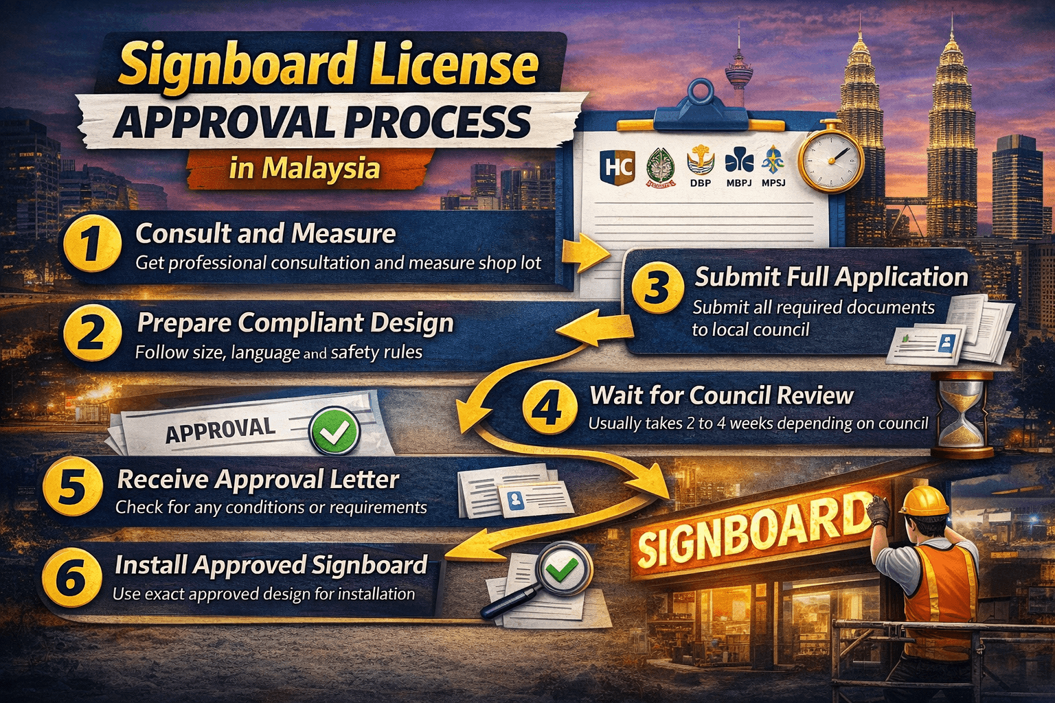 Step by step signboard license approval process in Malaysia from application submission to final installation approval